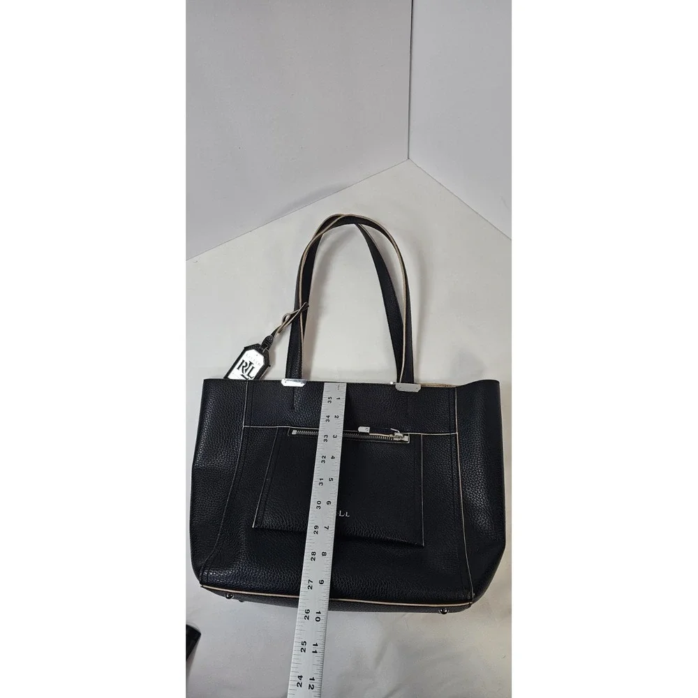 Lauren Ralph Lauren RLL Black Pebbled Leather Tote Zip Pocket‎ Metal Feet